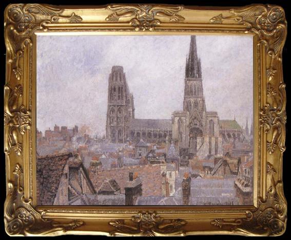 framed  Camille Pissarro The Roofs of Old Rouen,Gray Weather, Ta013